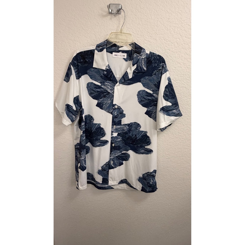 Zara Mens Blue White Abstract Floral Print Short Sleeve Button Down Shirt Large
